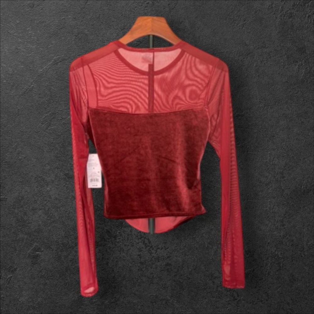 Wild Fable Red Mesh Velvet Long Sleeve Top Size S NWT Y2K Holiday - Picture 3 of 5